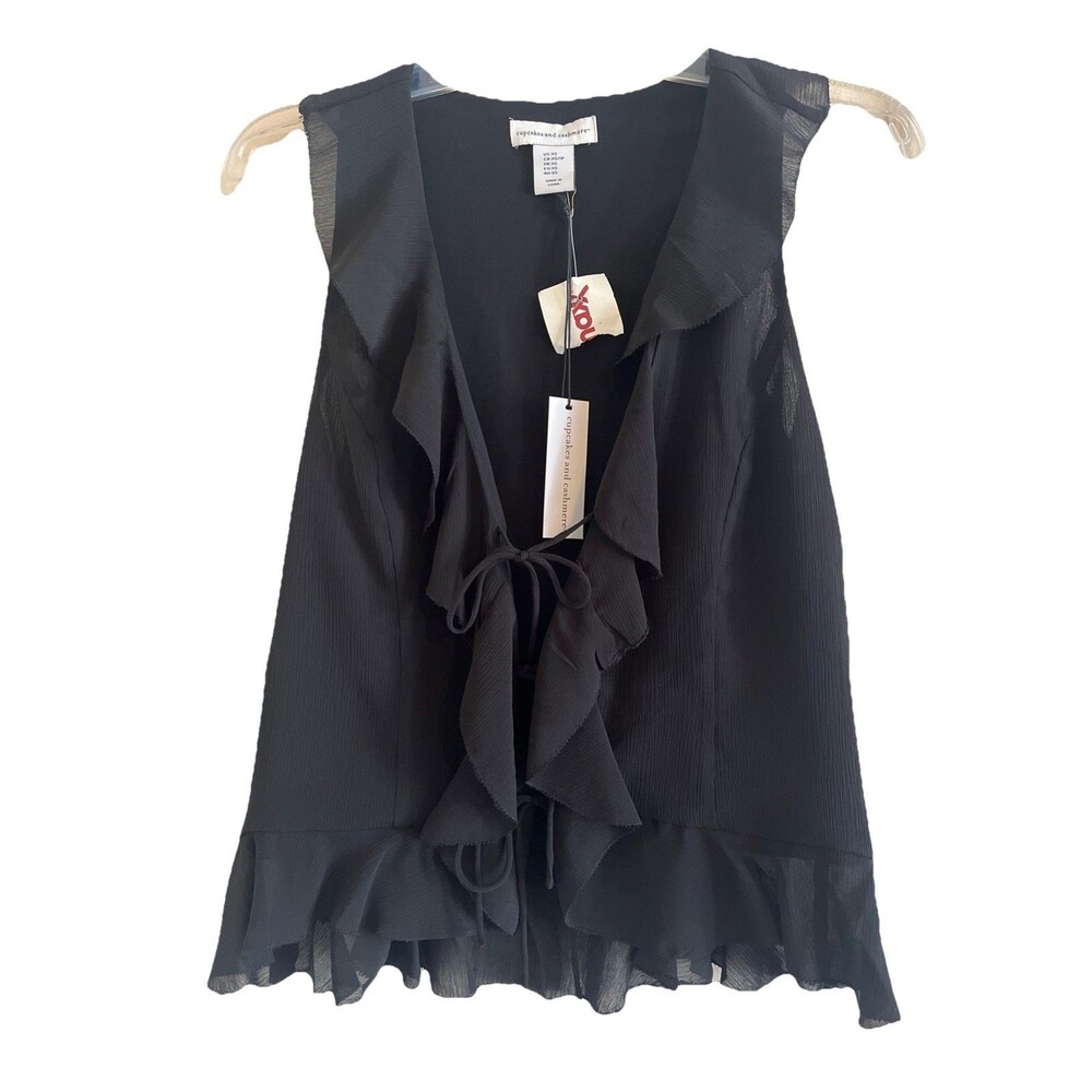 Cupcakes And Cashmere Top Women’s XS Black Ruffled Front Tie Coastal Cowgirl